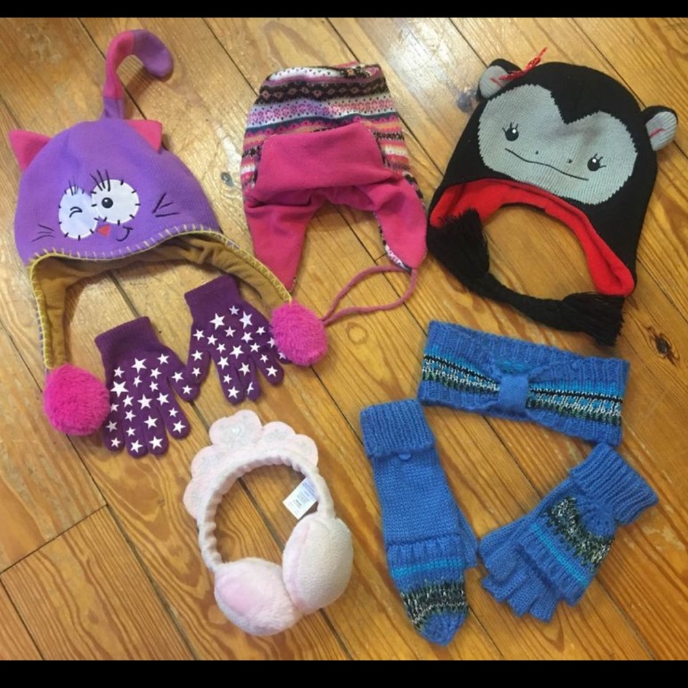Lot of 3 hats, princess ear muffs, earwarmer & 2pairs of gloves-all in 1 listing